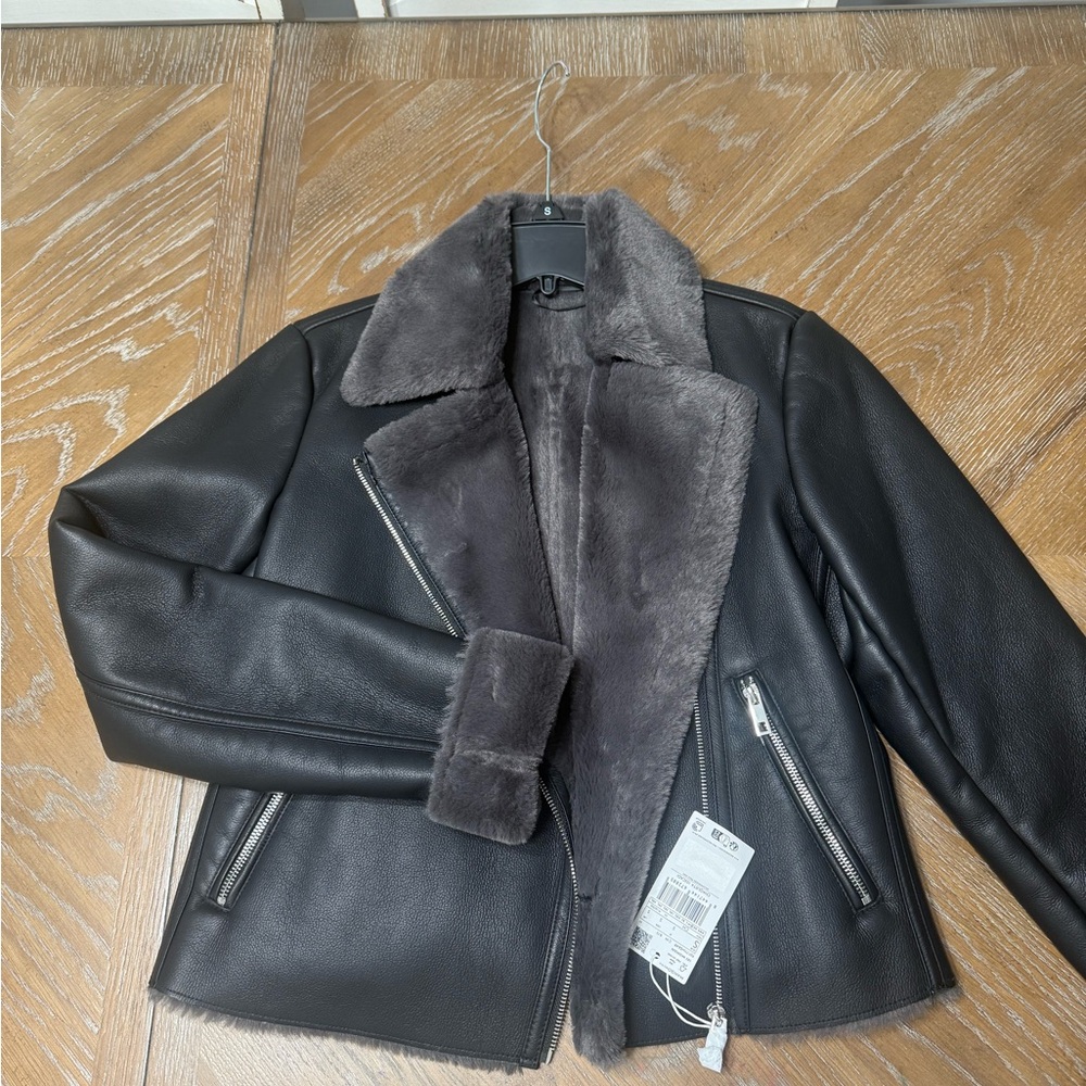 Mango Black Faux Leather Jacket with Gray Fur Lining